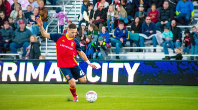 A player for the Real Monarchs strikes the ball during a game at Zions Bank Stadium in Herriman