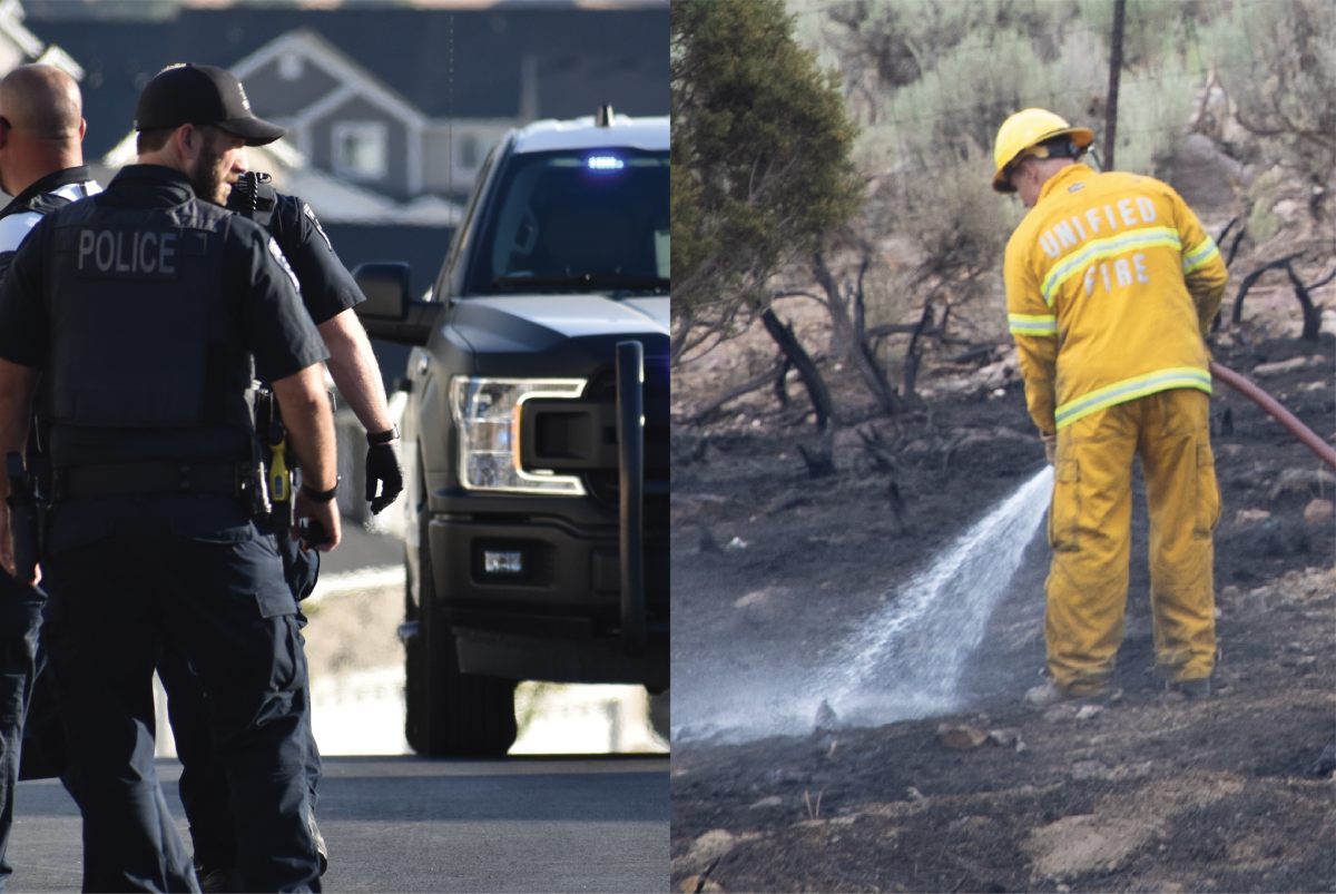 In a split image, a Herriman Police officer looks around while responding to an incident, and a Unified Fire Authority firefighter works to put out a fire.