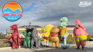 Participants wearing inflatable costumes before the Herriman Inflatable Dash