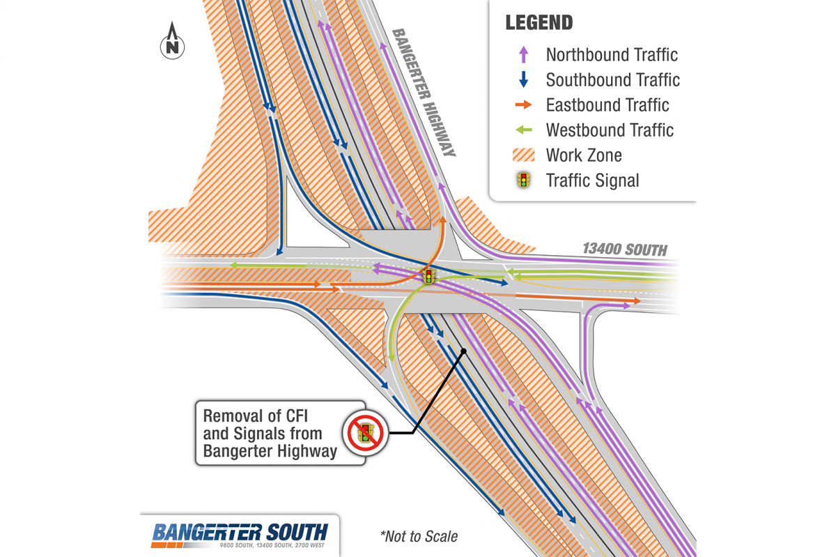 Graphic announcing traffic shifts at 13400 South and 2700 West related to UDOT’s Bangerter South project.