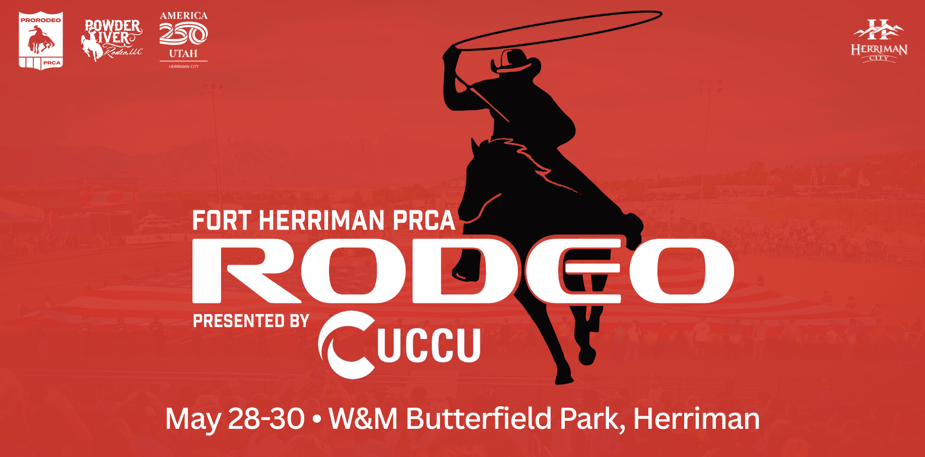 Fort Herriman PRCA Rodeo logo with the rodeo grounds in the background and a large American flag
